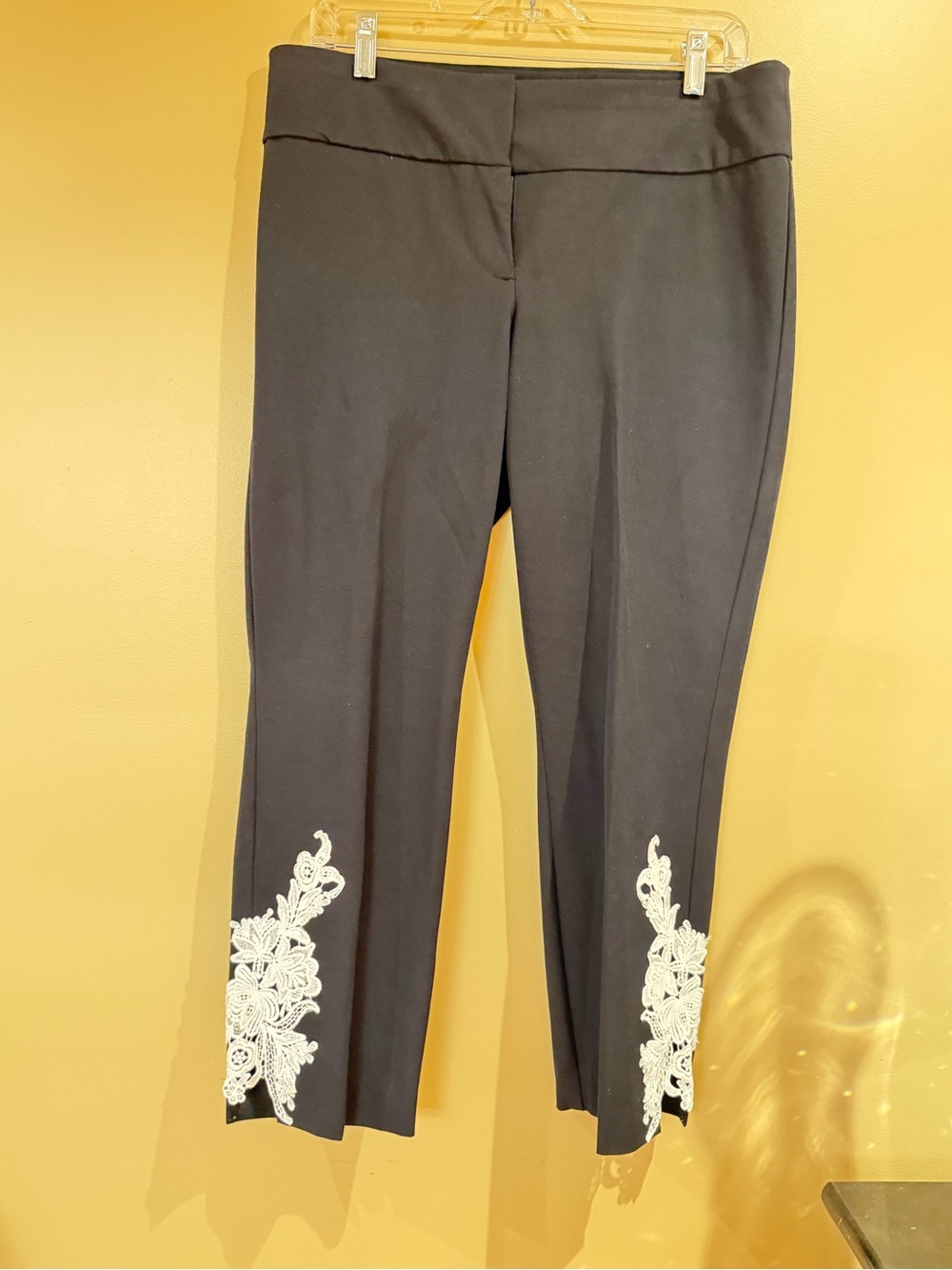 Alfani Black Cropped Ponte Pants with White Lace Appliqué